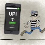 Image depicting a thief using UPI fraud tactics to deceive individuals, highlighting the risk of unauthorized transactions and financial loss.